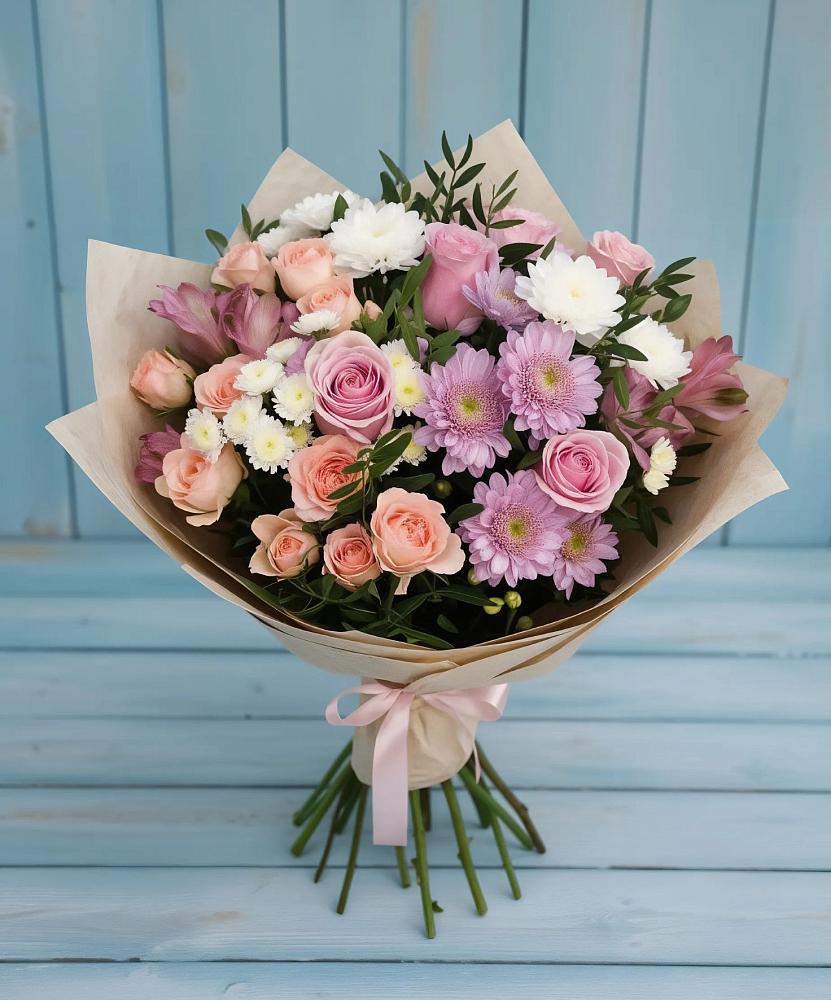 Букет цветов из: Хризантемы, Розы и Альстромерии в Яковлевка Приморского края