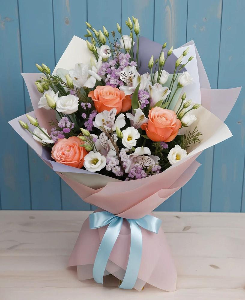 Букет цветов из: Лизиантусы, Розы, Альстромерии и Гипсофила в Яковлевка Приморского края