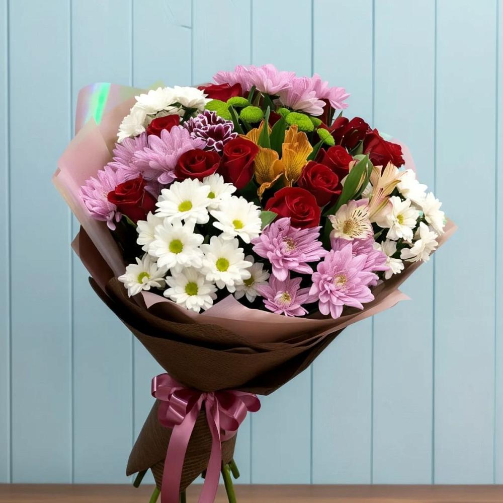 Букет цветов из: Розы, Хризантемы и Альстромерии в Яковлевка Приморского края